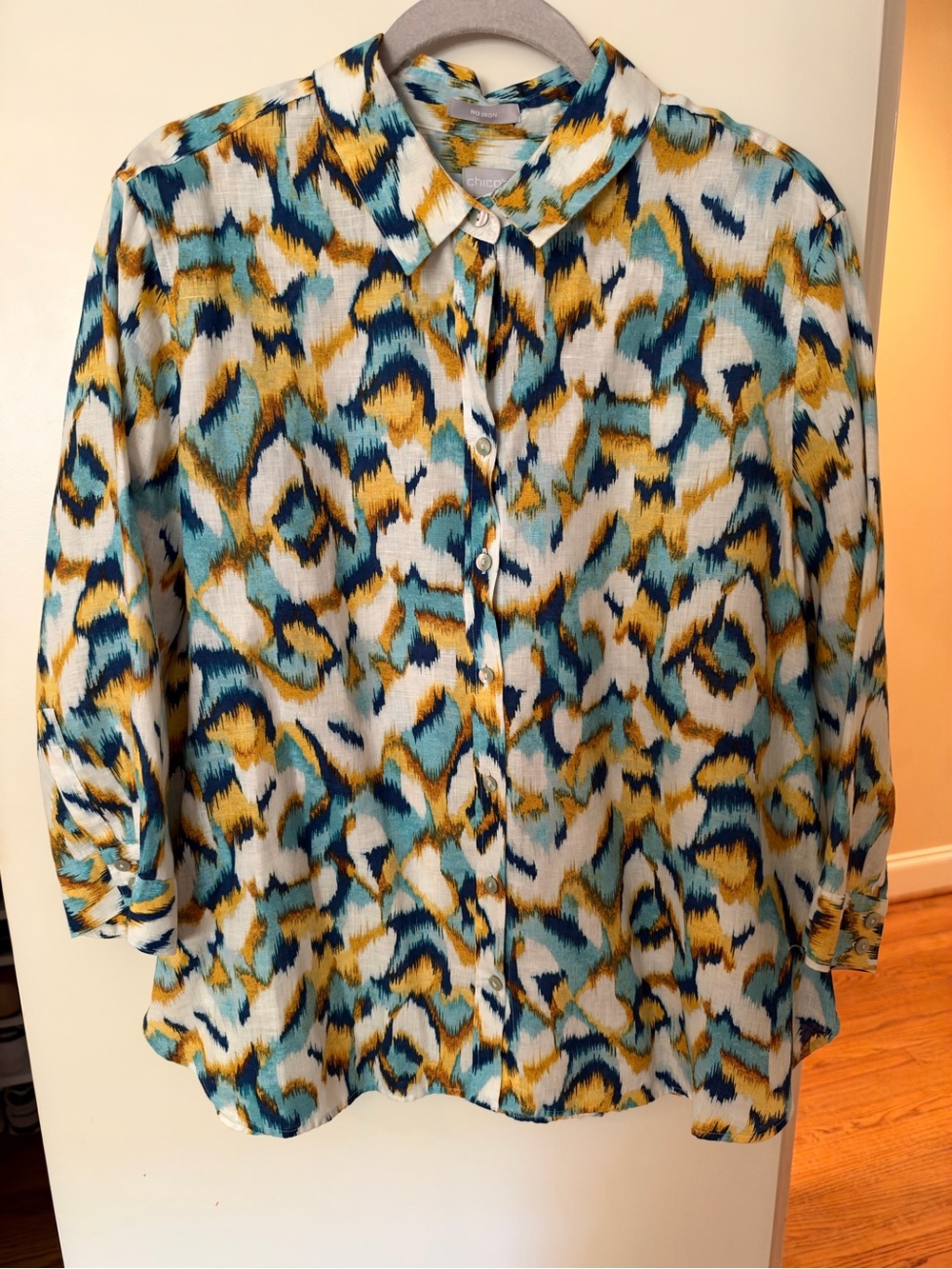 Chico's Teal, Mustard & White Ikat Button-Front Shirt